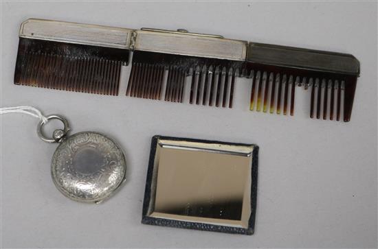 A late Victorian silver sovereign case, Birmingham, 1900 and a portable white metal mounted comb and a mirror, in pouch.